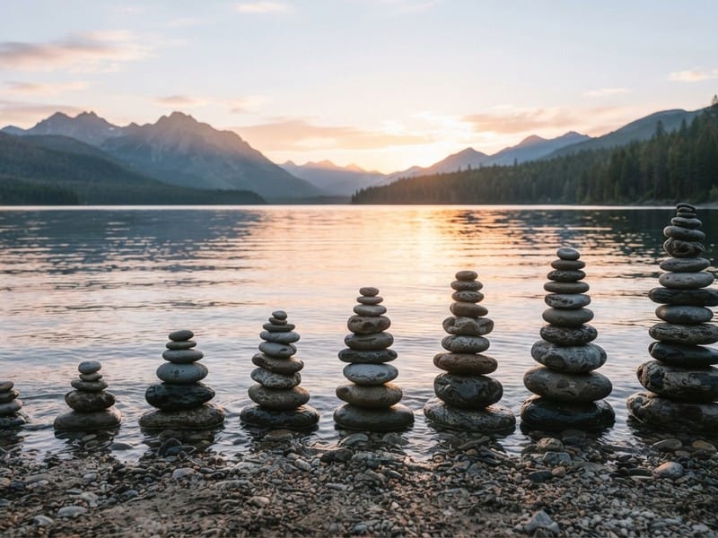 Multiple stacks of balanced stones arranged in ascending height along the edge of a calm lake, with mountains and sunset visible in the background.