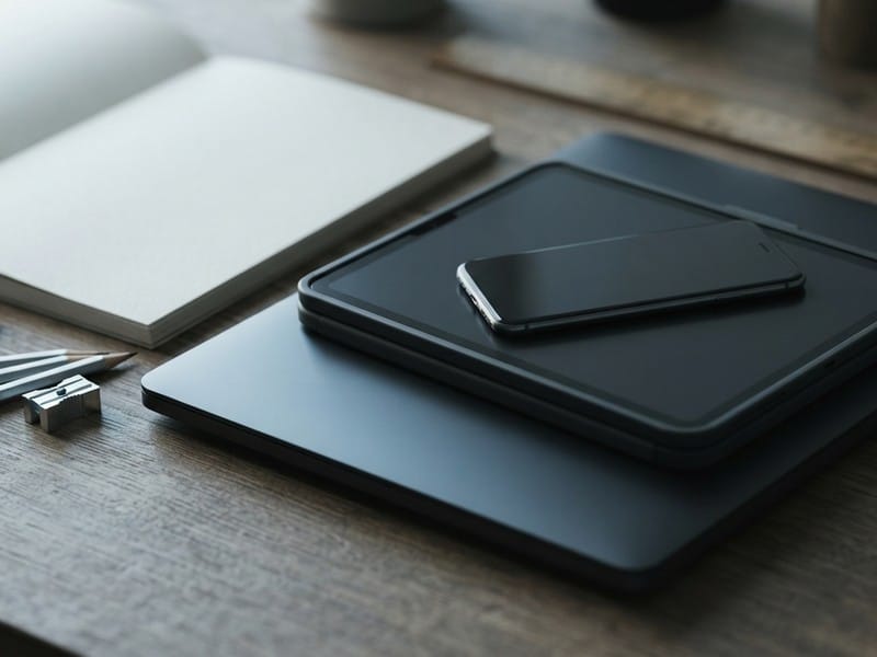 A smartphone, tablet, and closed laptop stacked on a wooden desk next to an open blank notebook, pencils, and a sharpener.