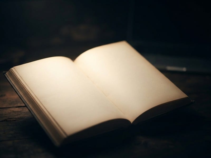 An open book with blank pages resting on a dark wooden surface under warm light.